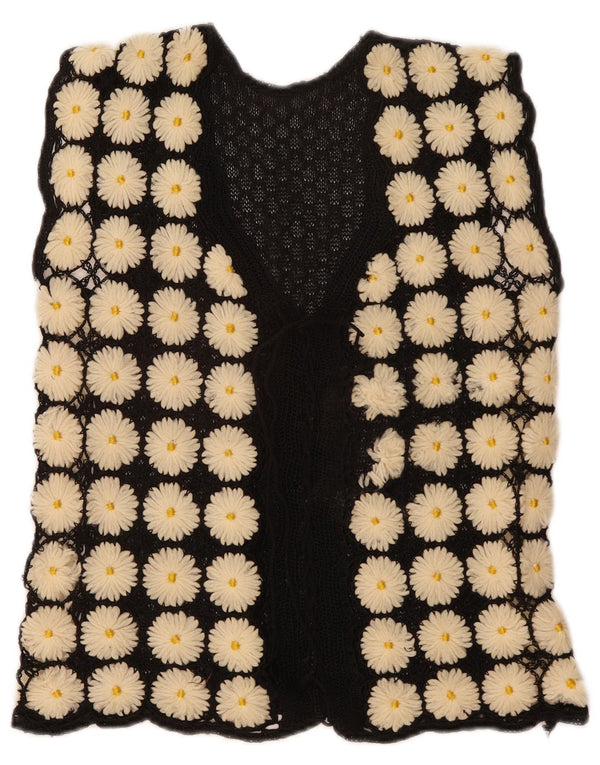 Suéter cardigã feminino vintage sem mangas Reino Unido 12 médio preto floral