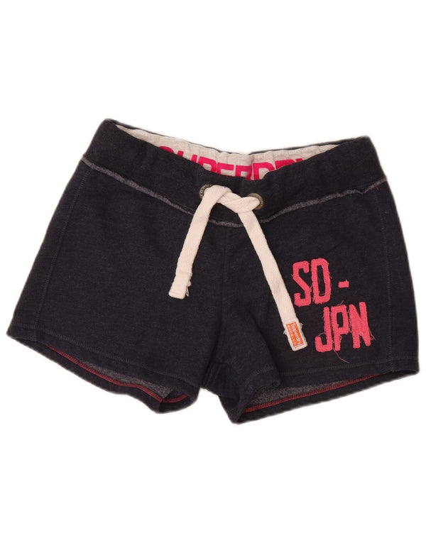 Shorts esportivos gráficos femininos Superdry UK 14 algodão azul marinho médio