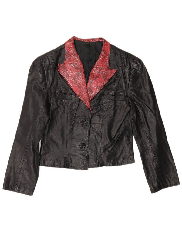 Jaqueta blazer feminina vintage de couro UK 4 XS estampa animal preta