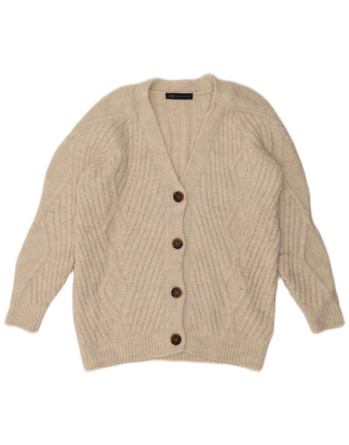 Suéter cardigã feminino grande Marks & Spencer Reino Unido 10 pequeno bege acrílico