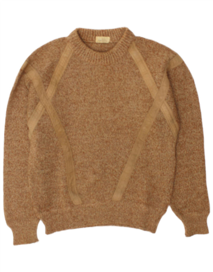 Suéter masculino vintage com gola redonda grande bege manchado