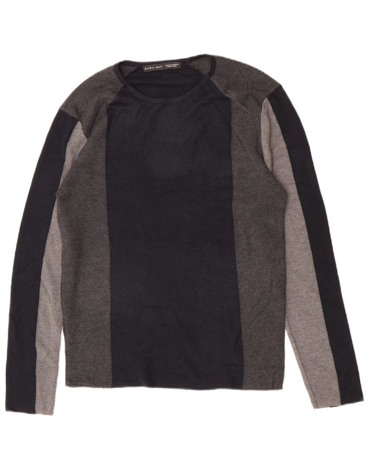 Zara Top masculino manga comprida médio azul marinho colorblock acrílico