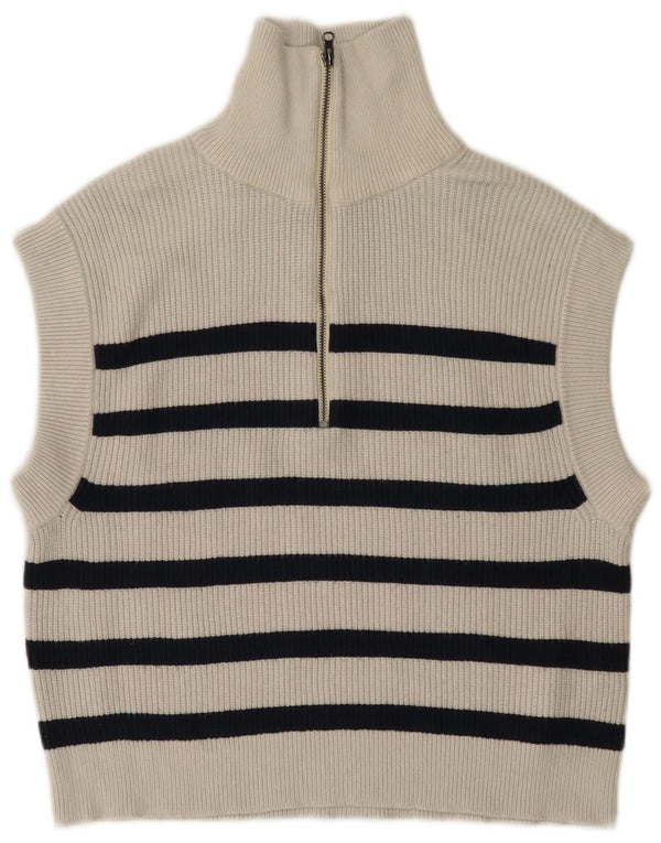 Zara Womens Zip Neck Oversized Vest Tank Top UK 10 Small White Striped