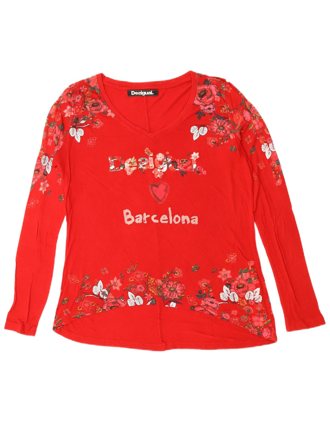 DESIGUAL Top gráfico feminino Barcelona manga comprida Reino Unido 16 grande coração vermelho