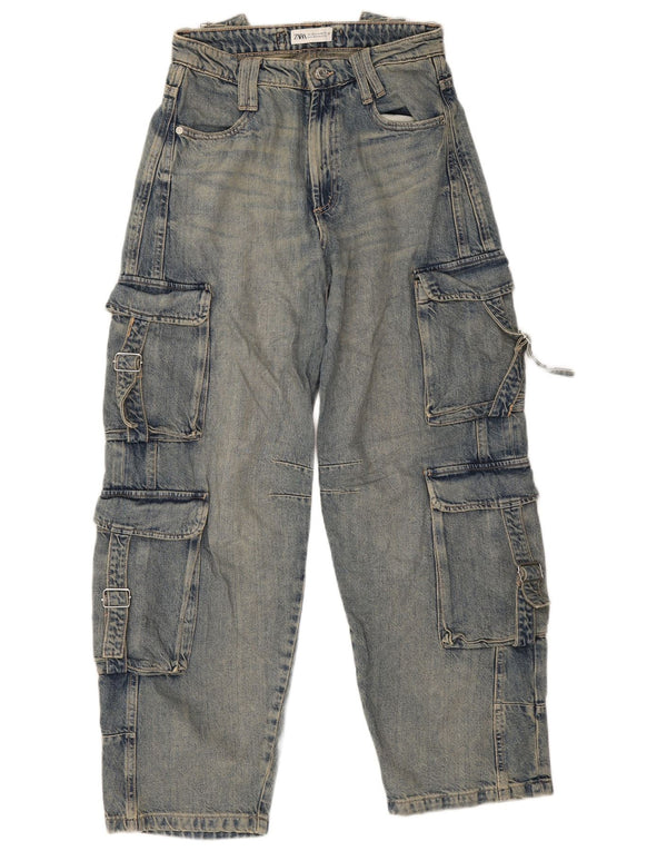 Calça jeans feminina Zara cintura alta cargo solta EU 36 XS W26 L30 azul algodão