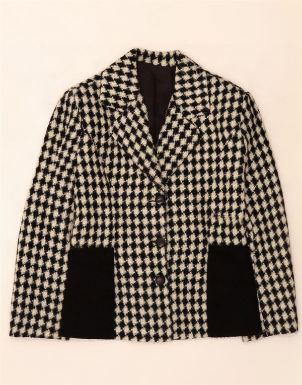 Jaqueta blazer feminina vintage de 3 botões UK 12 Houndstooth preto médio