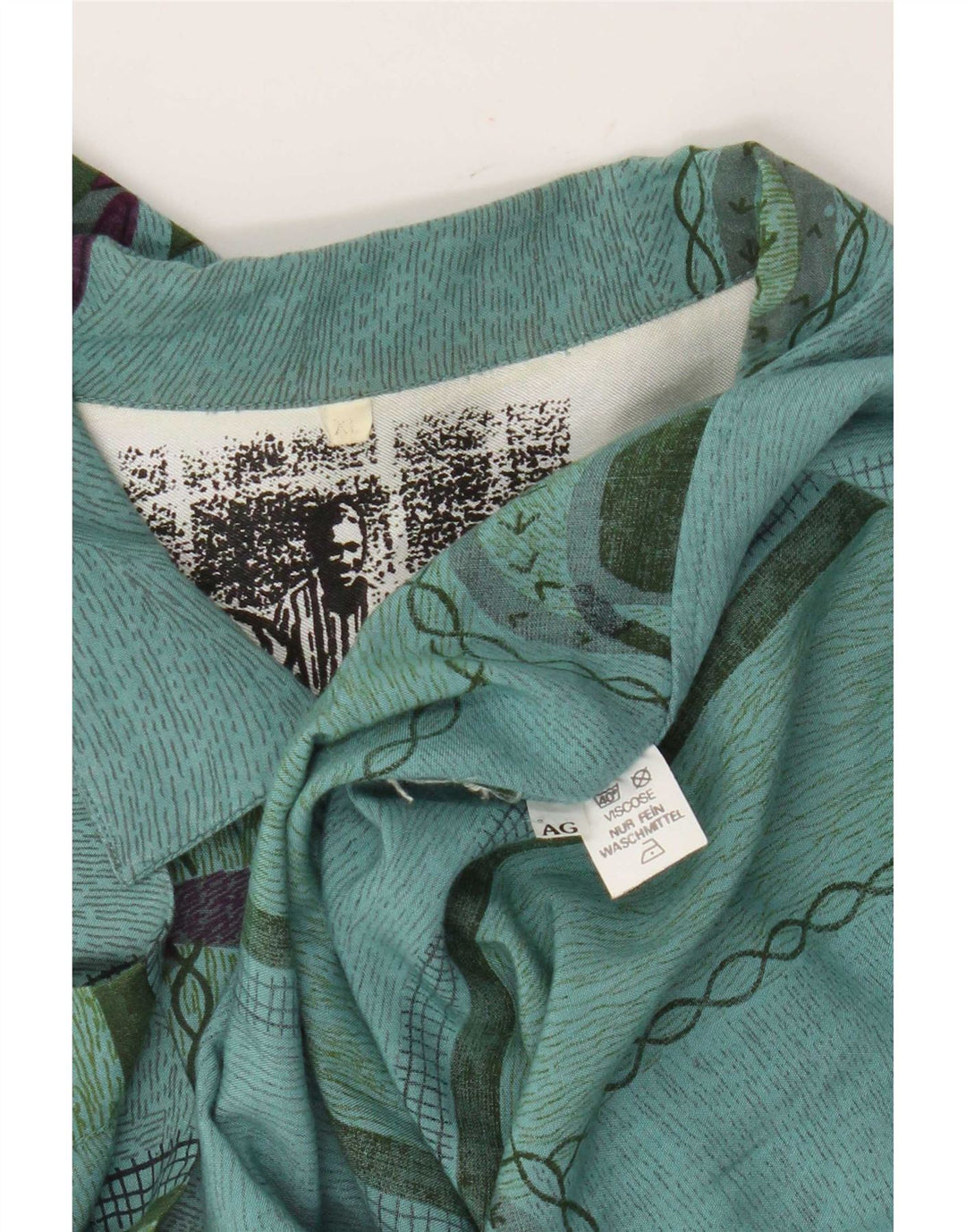 Vintage masculino abstrato Padrão camisa de manga curta XL verde viscose