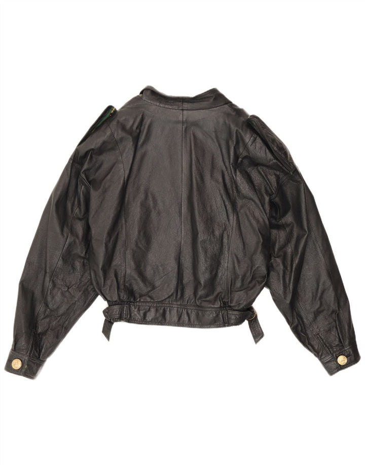 Jaqueta de couro vintage feminina com peito duplo Reino Unido 12 médio preto