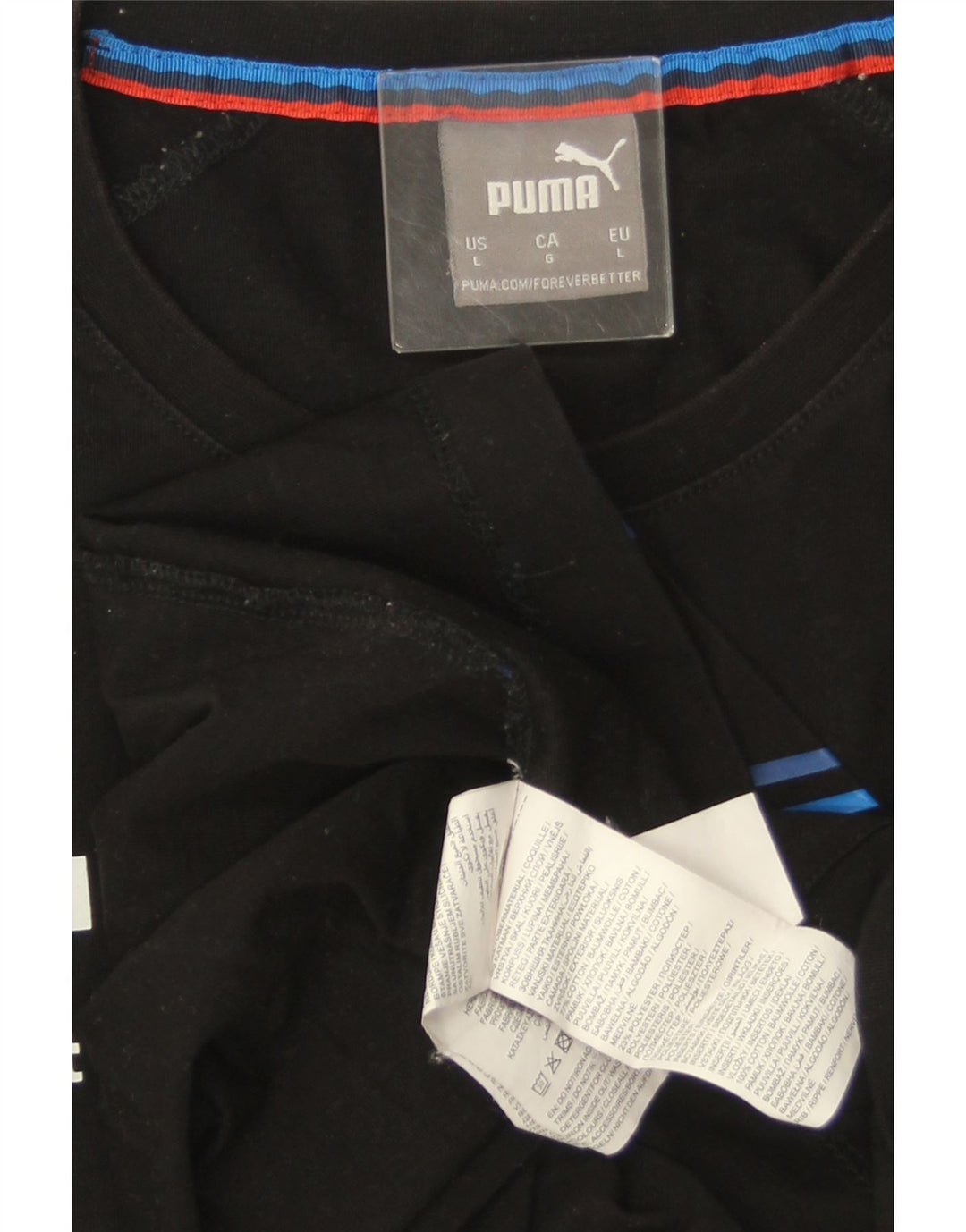 Camiseta masculina PUMA BMW Motorsport com estampa gráfica grande de algodão listrado preto