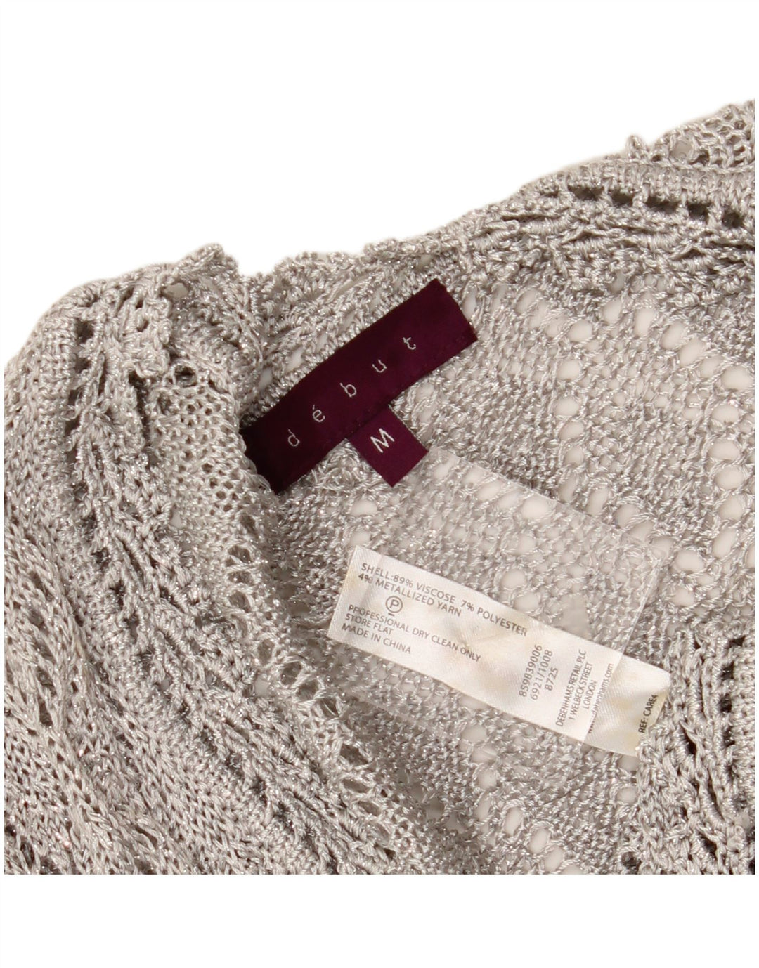 DEBUT Womens Crop Crochet Cardigan Top UK 12 Medium Silver Viscose