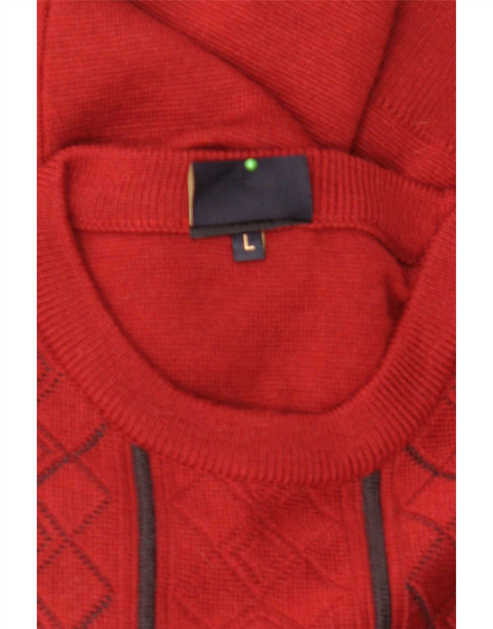 Gabicci Suéter masculino com gola redonda grande vermelho Argyle/lã diamante