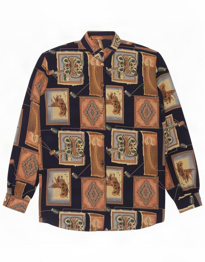 Blusa camisa feminina vintage UK 16 grande poliéster azul marinho patchwork