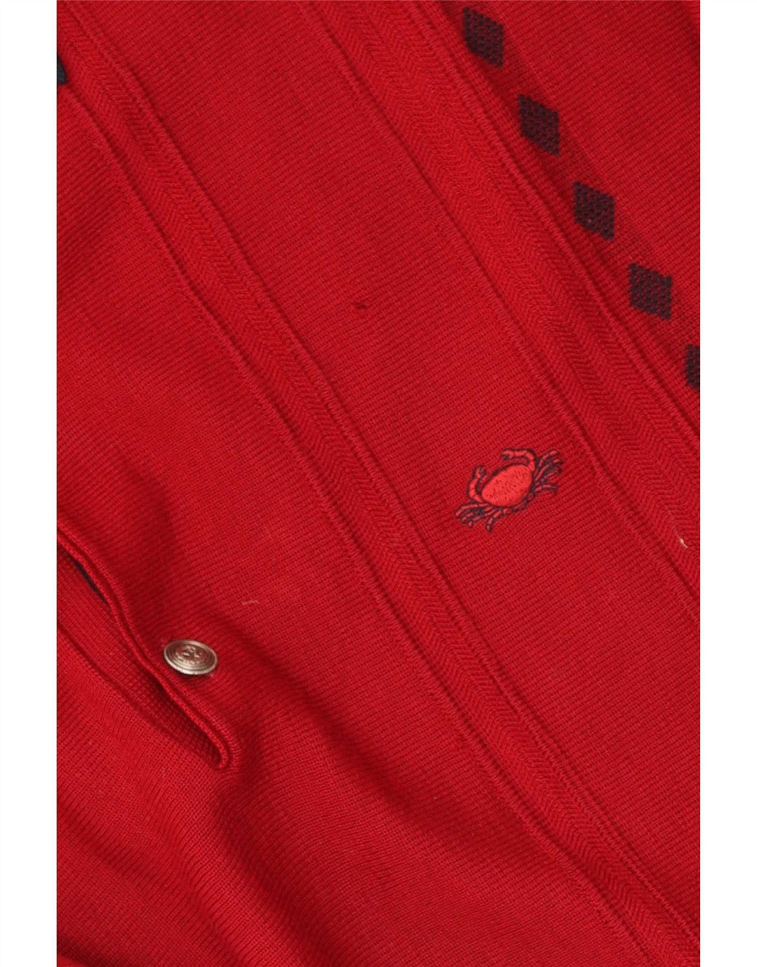 Suéter vintage masculino com gola polo e meio vermelho geométrico