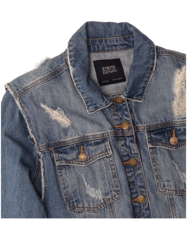 ZARA Jaqueta jeans feminina desgastada Reino Unido 16 grande algodão azul
