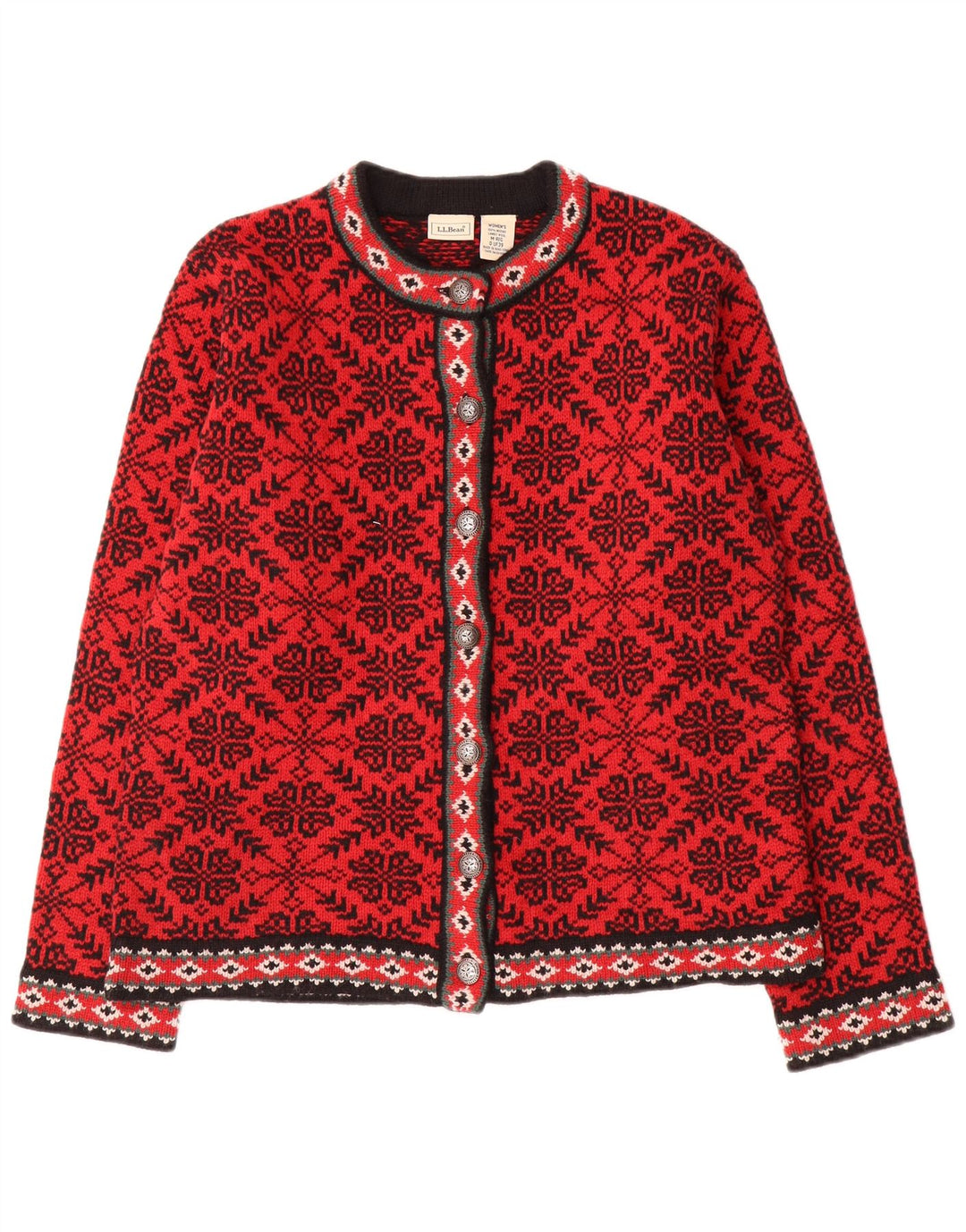 Suéter cardigã feminino L.L.Bean Reino Unido 14 médio vermelho Fair Isle lã