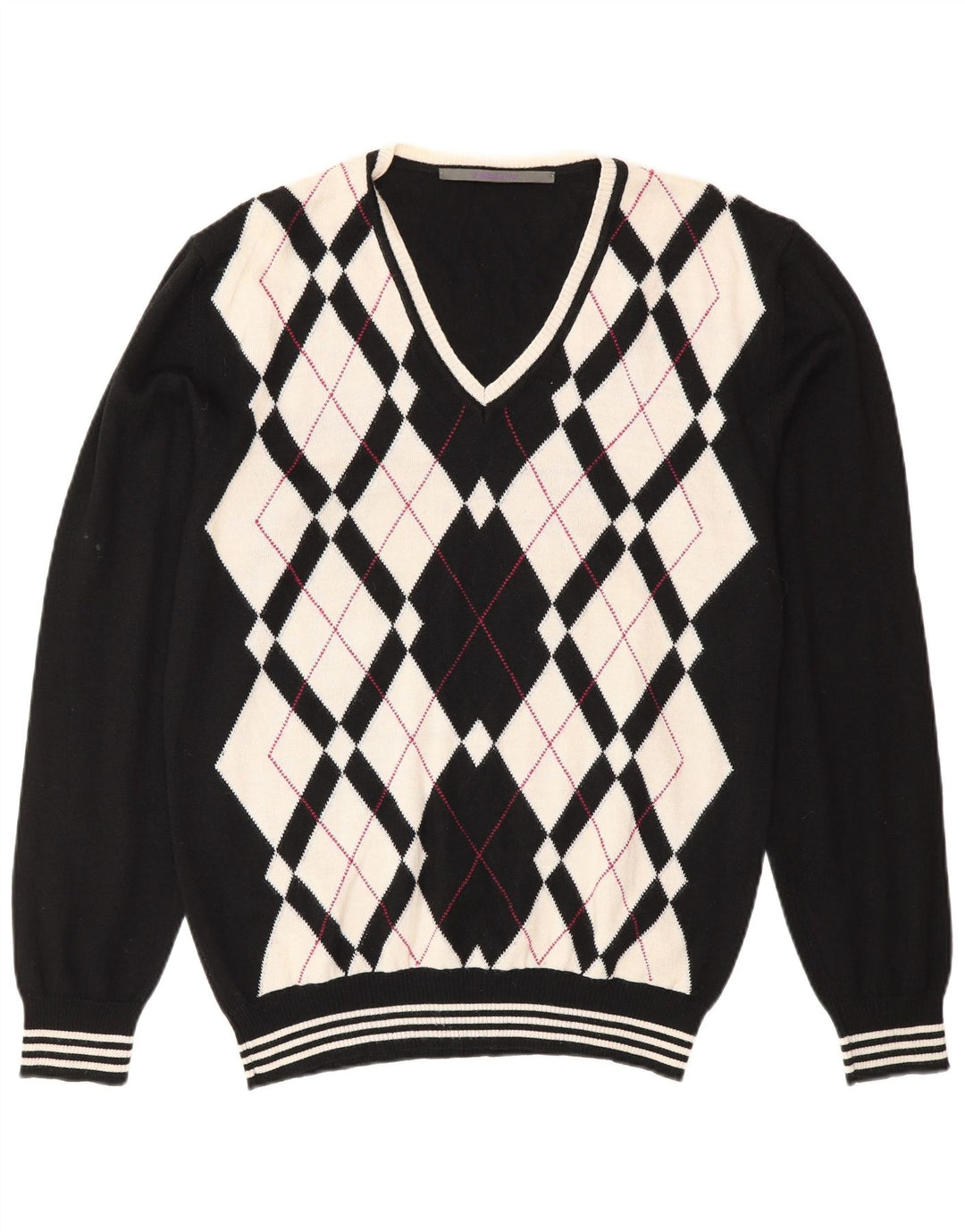 Suéter masculino vintage com decote em V XL preto Argyle/lã diamante