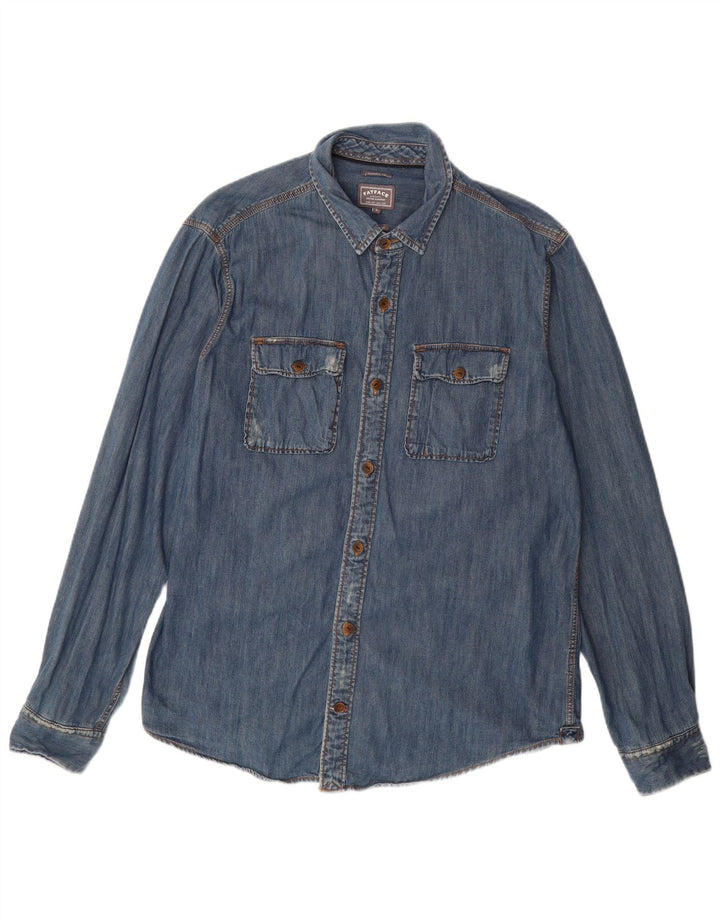 FAT FACE Mens Classic Fit Camisa jeans envelhecida grande algodão azul
