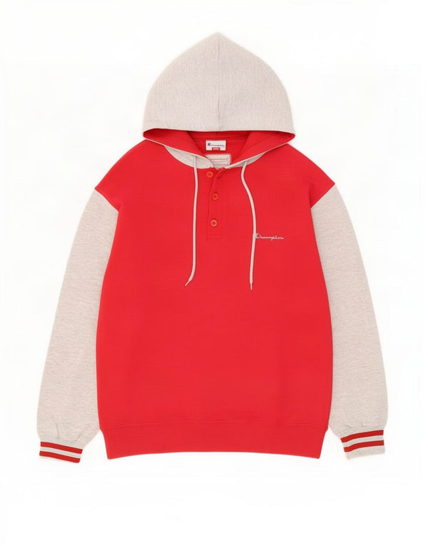 Champion Mens Button Neck Hoodie Jumper Small Red Colourblock Cotton