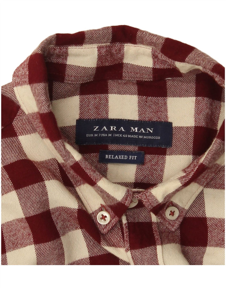 Zara Camisa masculina de flanela com ajuste relaxado médio xadrez Borgonha