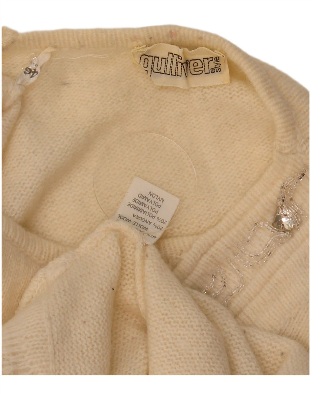 Suéter feminino vintage com gola canoa IT 46 grande lã esbranquiçada