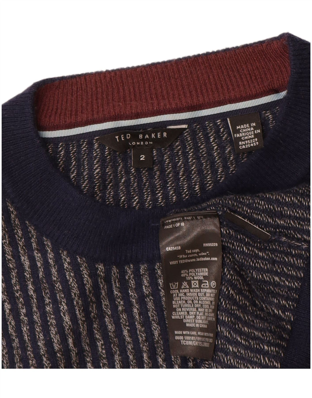 Suéter masculino Ted Baker com gola redonda tamanho 2 pequeno listrado azul marinho