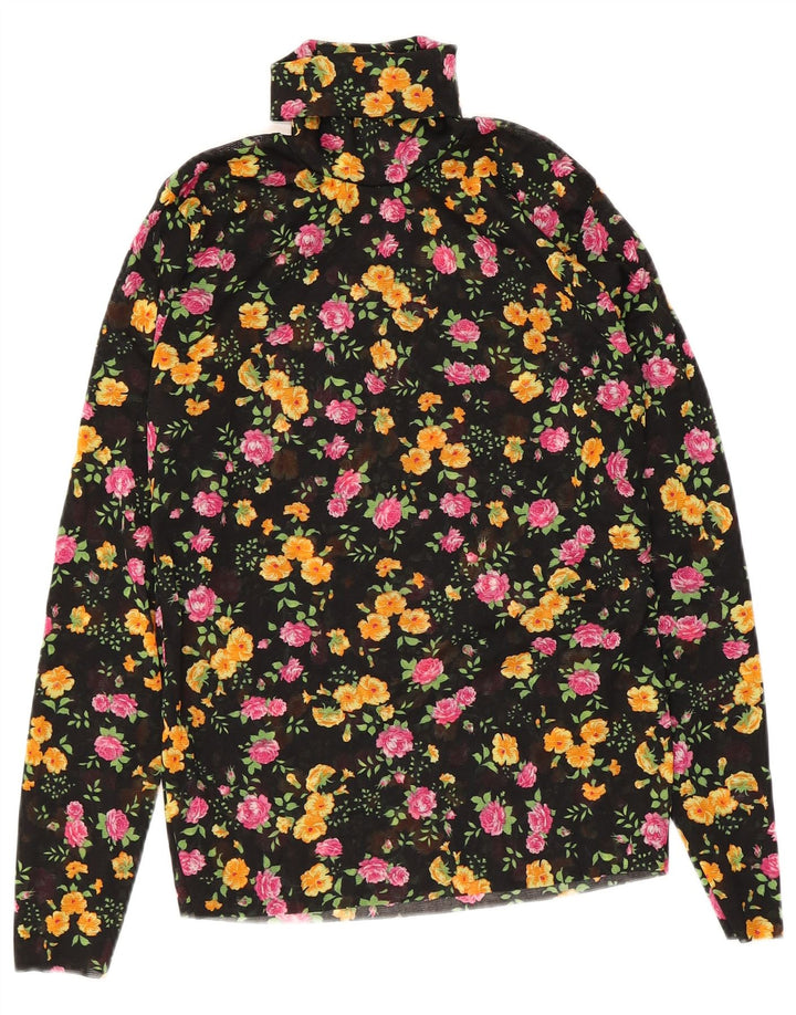 Blusa feminina vintage de manga comprida UK 10 pequena floral preta
