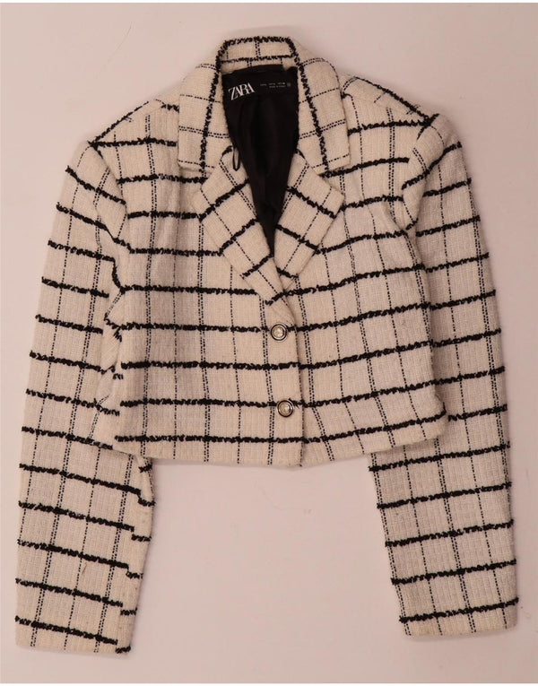 Jaqueta blazer feminina ZARA com 2 botões, Reino Unido 14, grande, bege, xadrez, lã