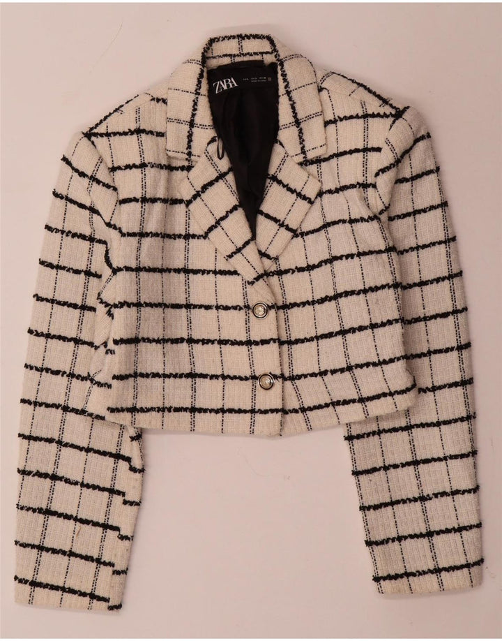 Jaqueta blazer feminina ZARA com 2 botões, Reino Unido 14, grande, bege, xadrez, lã