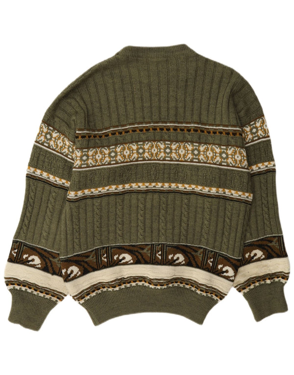 Suéter vintage masculino com gola redonda, verde médio, Fair Isle