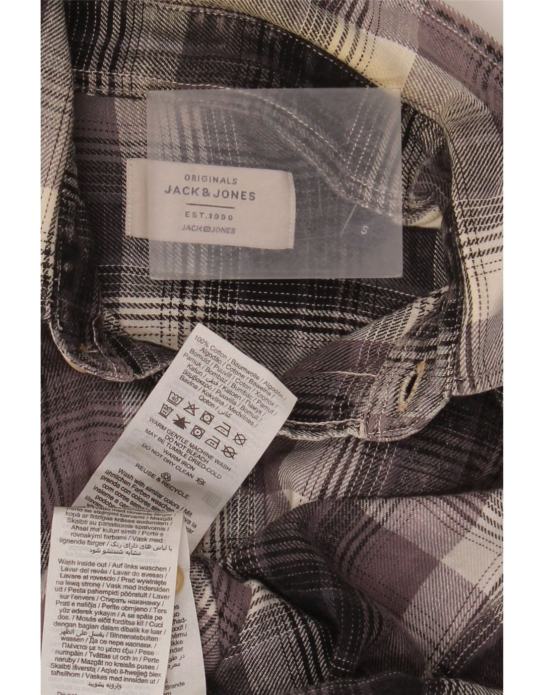 Camisa masculina de flanela Jack & Jones pequena cinza xadrez algodão
