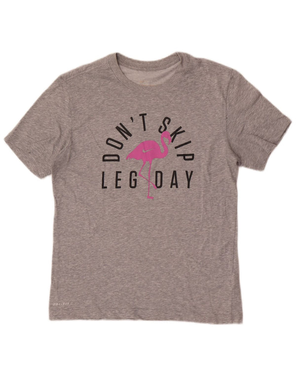 Camiseta feminina Nike Dri Fit Graphic UK 10 pequena cinza manchada de algodão