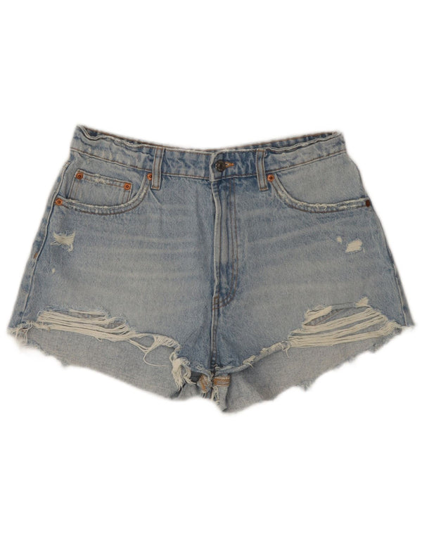 Zara Shorts jeans feminino desgastado UE 42 grande W32 algodão azul