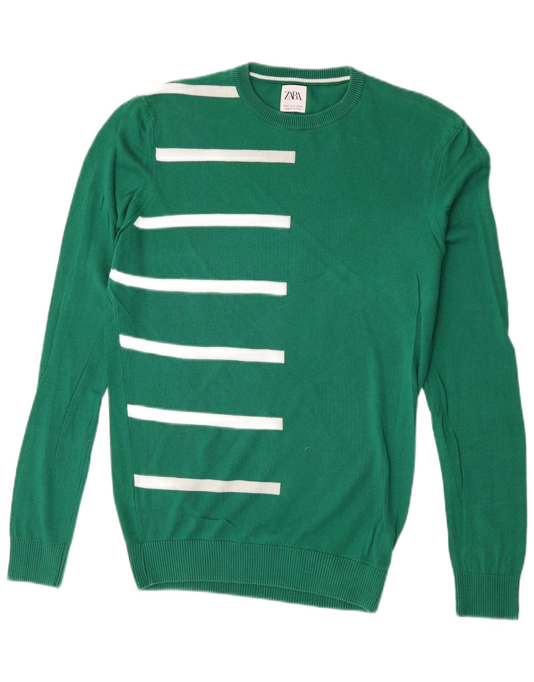Zara Suéter masculino com gola redonda e algodão listrado verde médio
