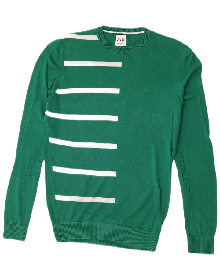 Zara Suéter masculino com gola redonda e algodão listrado verde médio