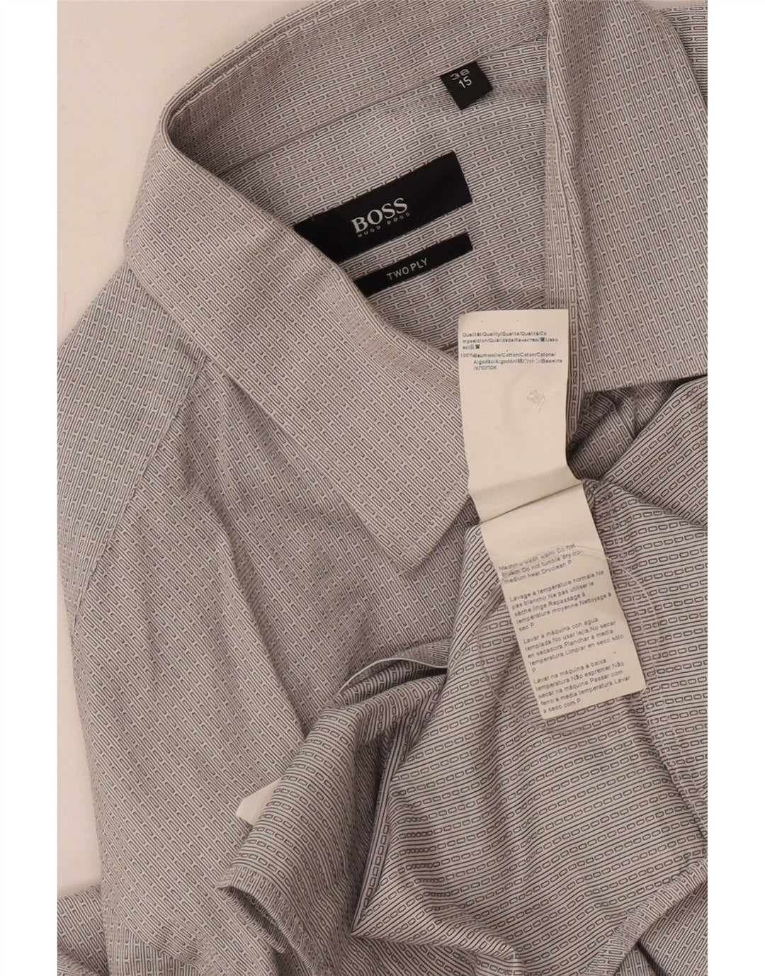 Camisa masculina Hugo Boss tamanho 38 15 algodão listrado cinza médio