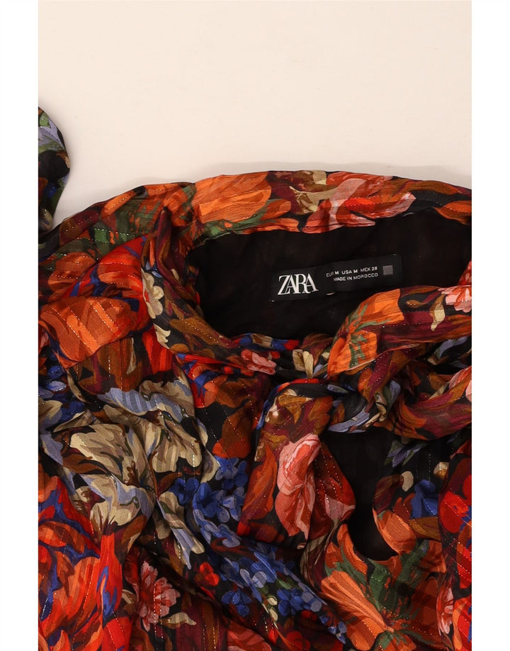 Vestido feminino ZARA com gravata frontal evasê UK 12 médio floral multicolorido