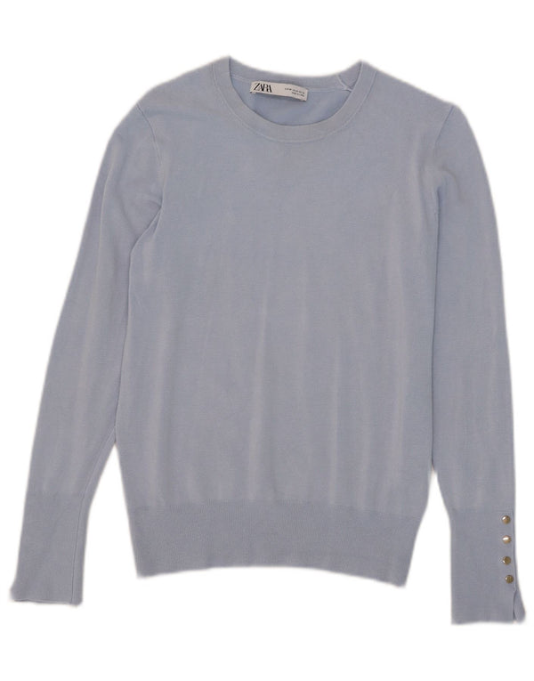 Suéter feminino Zara com gola canoa UK 12 viscose azul médio