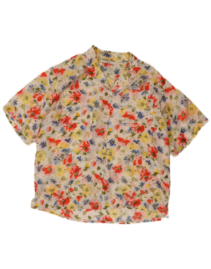 Camisa masculina vintage de manga curta grande seda floral multicolorida