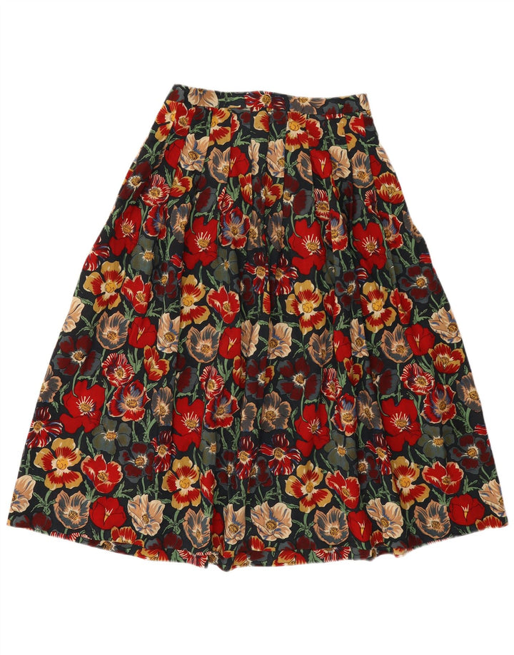 Saia larga feminina Jaeger Reino Unido 14 médio W28 lã floral multicolorida