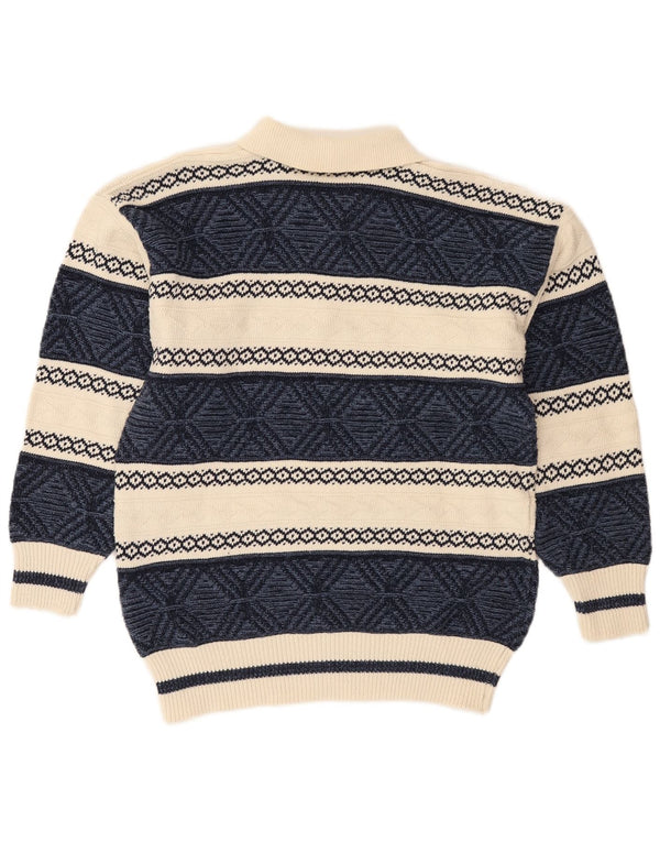 Suéter masculino VINTAGE com gola polo médio azul marinho Fair Isle algodão