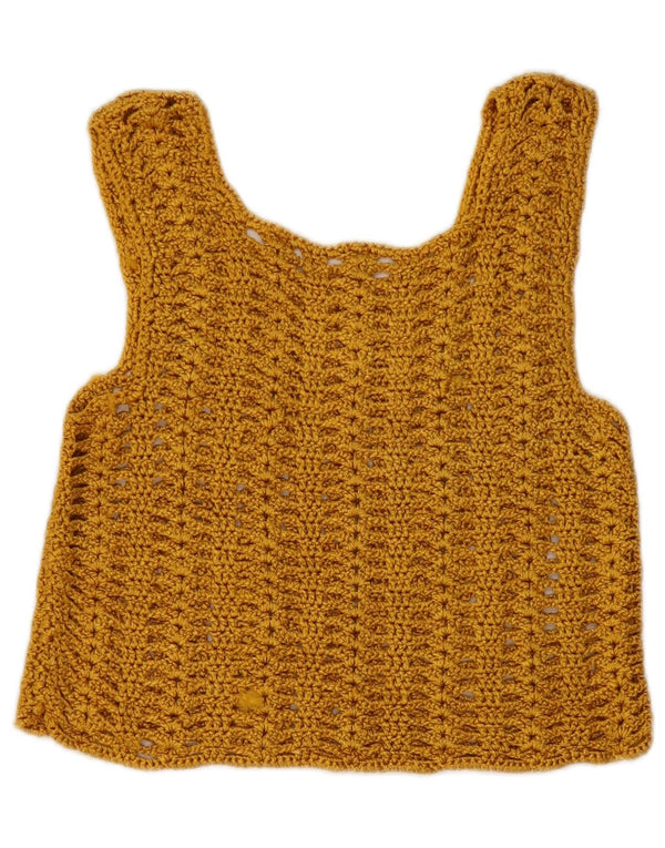 Blusa feminina vintage sem mangas de crochê top UK 8 pequeno amarelo
