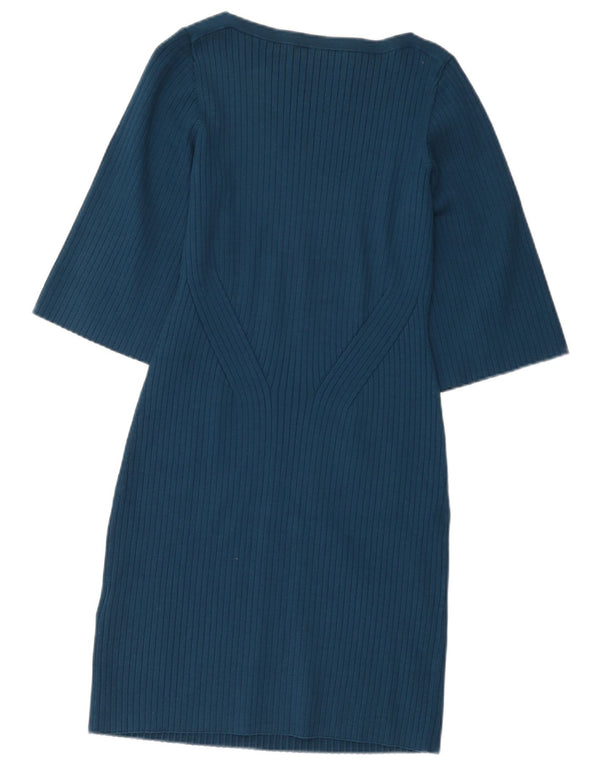 L.K. Vestido feminino Bennett manga 3/4 com bainha UK 12 viscose azul médio