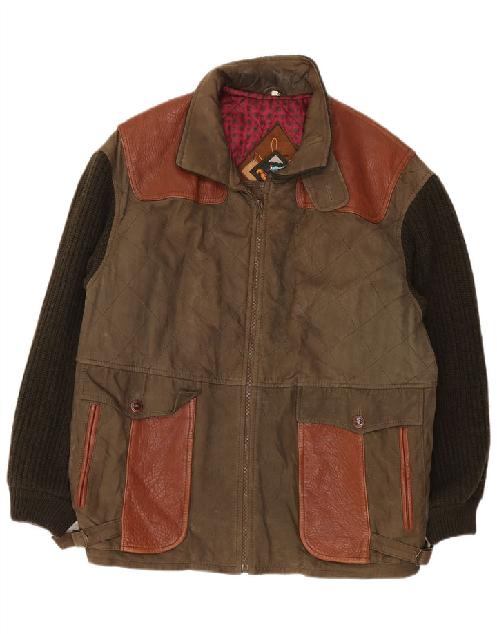 Jaqueta de couro de malha masculina vintage UK 42 XL cáqui Colourblock clássico