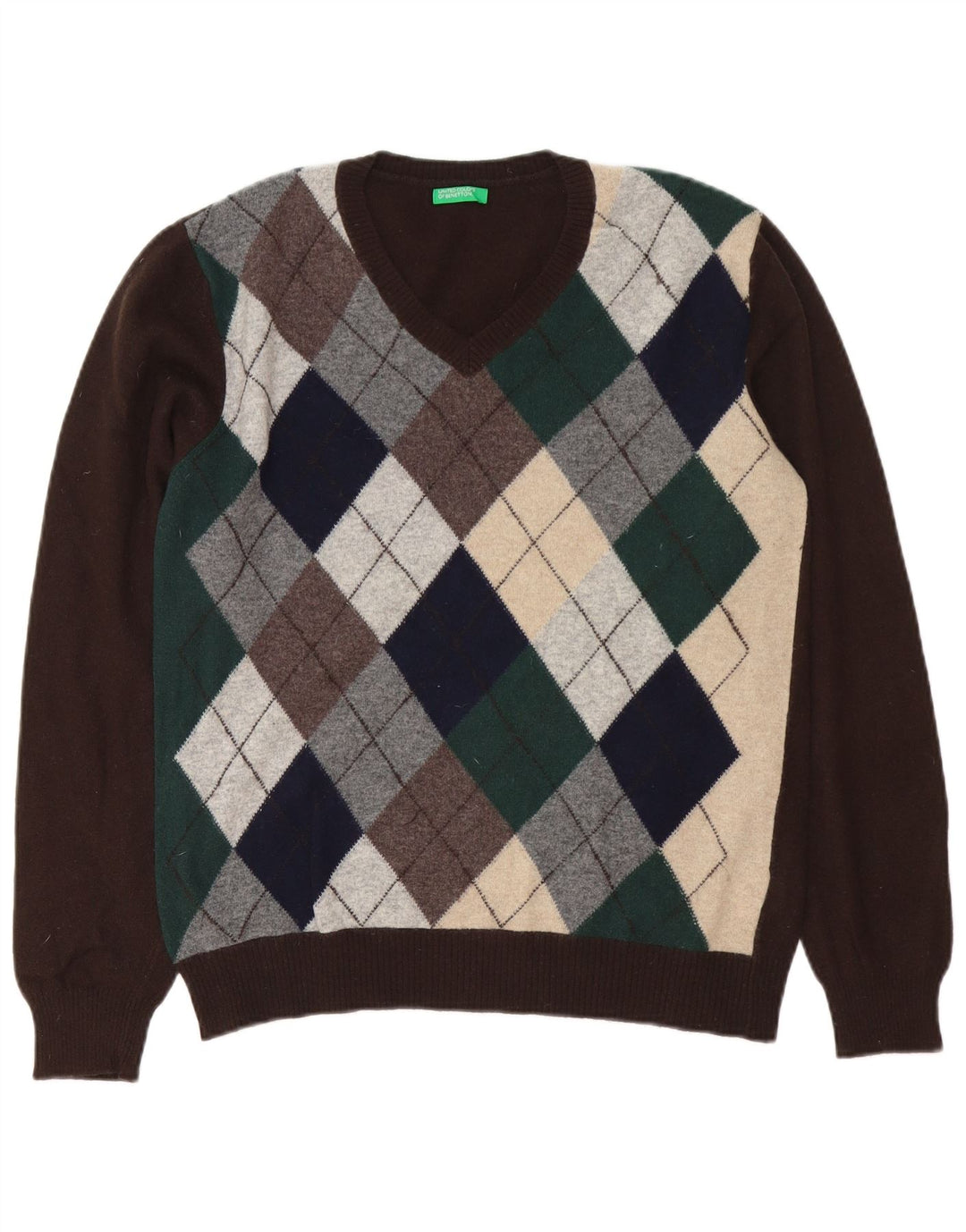 Suéter masculino Benetton com decote em V, marrom médio, lã argyle/diamante
