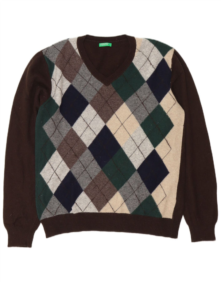 Suéter masculino Benetton com decote em V, marrom médio, lã argyle/diamante