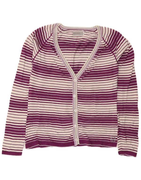 Suéter cardigã feminino Sergio Tacchini Reino Unido 12 algodão listrado roxo médio