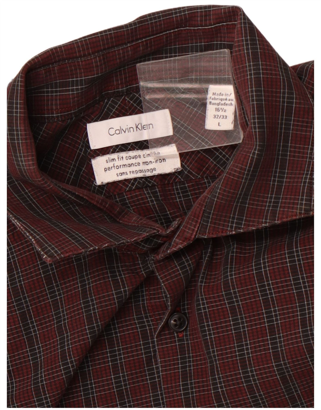 CALVIN KLEIN Camisa masculina de flanela slim fit tamanho 16 1/2 grande xadrez borgonha