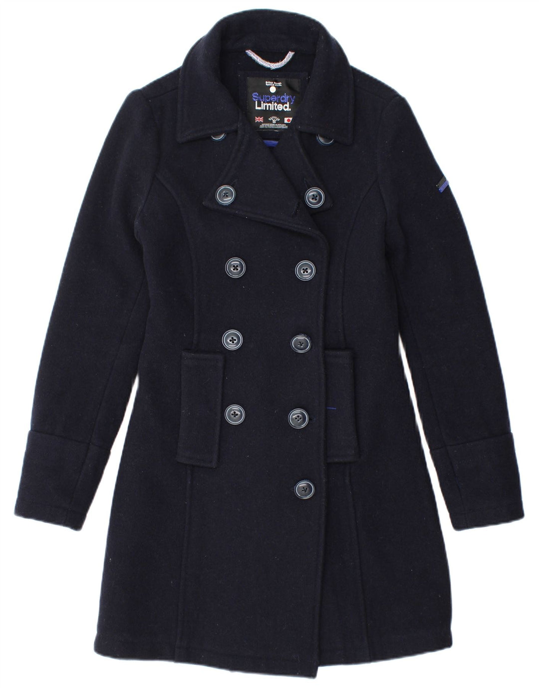 Casaco feminino Superdry Double Breasted UK 6 XS azul marinho lã