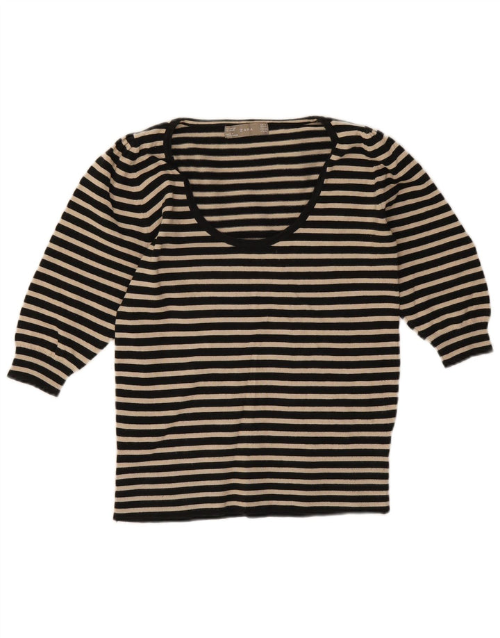 Top feminino Zara manga 3/4 Reino Unido 12 algodão listrado preto médio