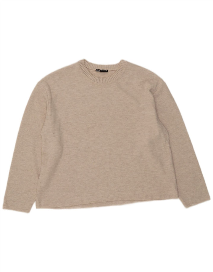 Zara Suéter feminino com gola redonda, Reino Unido 16, grande, bege